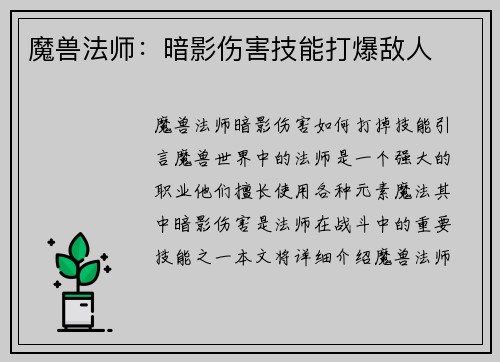 魔兽法师：暗影伤害技能打爆敌人